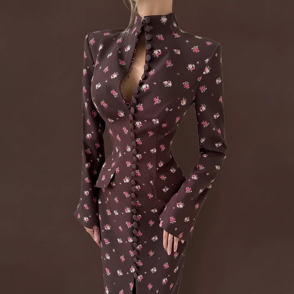 Floral midi dress features structured shoulders and a central button up closure reminiscent of former Blazer style. - GoSobiShop Boutique