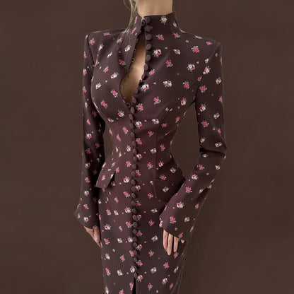 Floral midi dress features structured shoulders and a central button up closure reminiscent of former Blazer style. - GoSobiShop Boutique