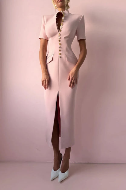 Floral midi dress features structured shoulders and a central button up closure reminiscent of former Blazer style. - GoSobiShop Boutique