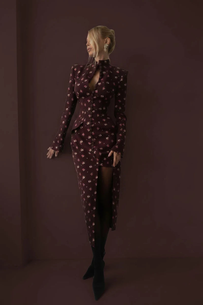 Floral midi dress features structured shoulders and a central button up closure reminiscent of former Blazer style. - GoSobiShop Boutique