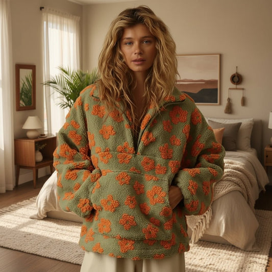 Flowers Teddy Fleece zipper sweater - GoSobiShop Boutique