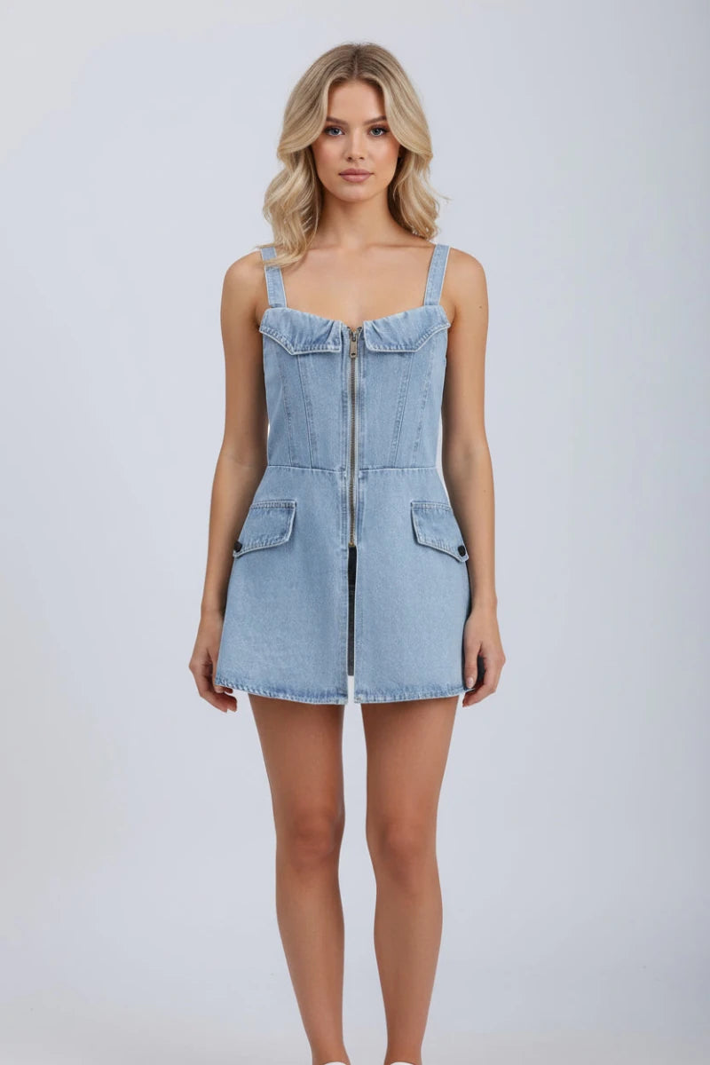 Geneva Zip front denim bustier in light wash denim vest. - GoSobiShop Boutique