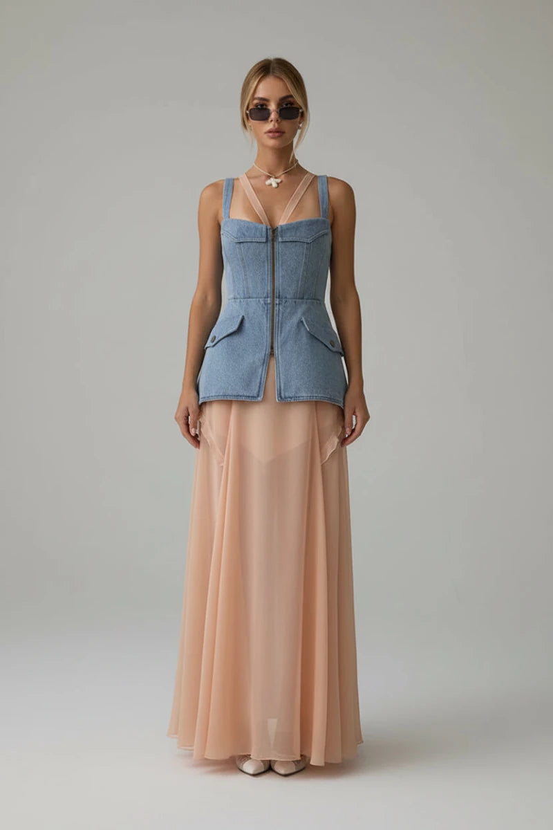 Geneva Zip front denim bustier in light wash denim vest. - GoSobiShop Boutique
