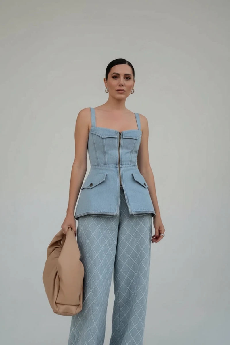 Geneva Zip front denim bustier in light wash denim vest. - GoSobiShop Boutique