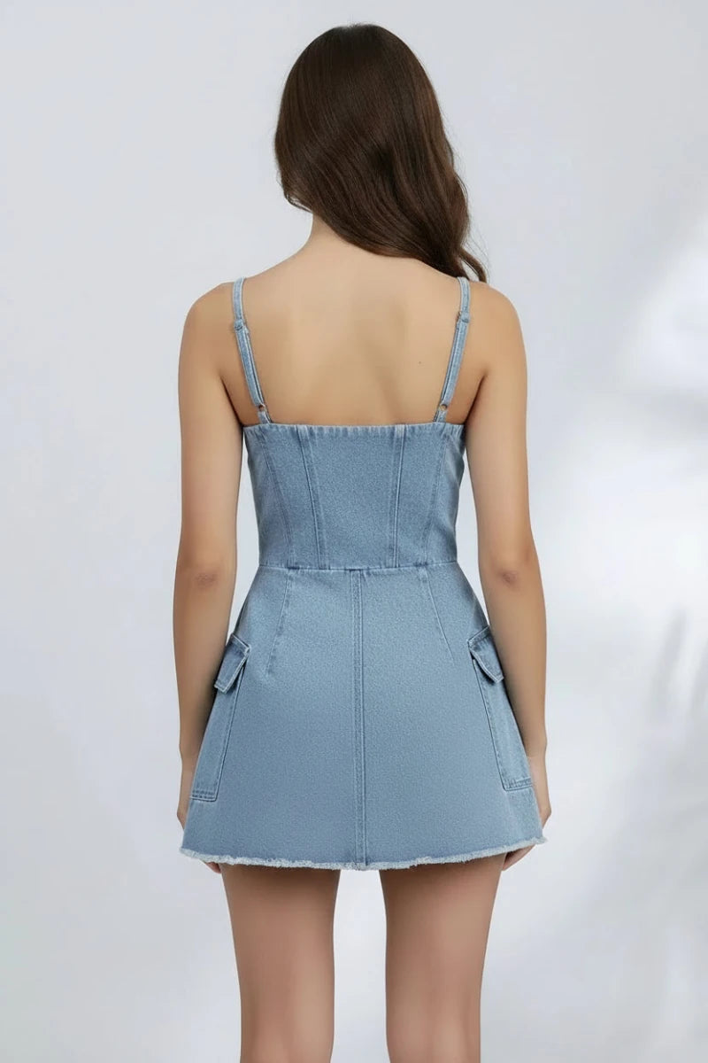 Geneva Zip front denim bustier in light wash denim vest. - GoSobiShop Boutique