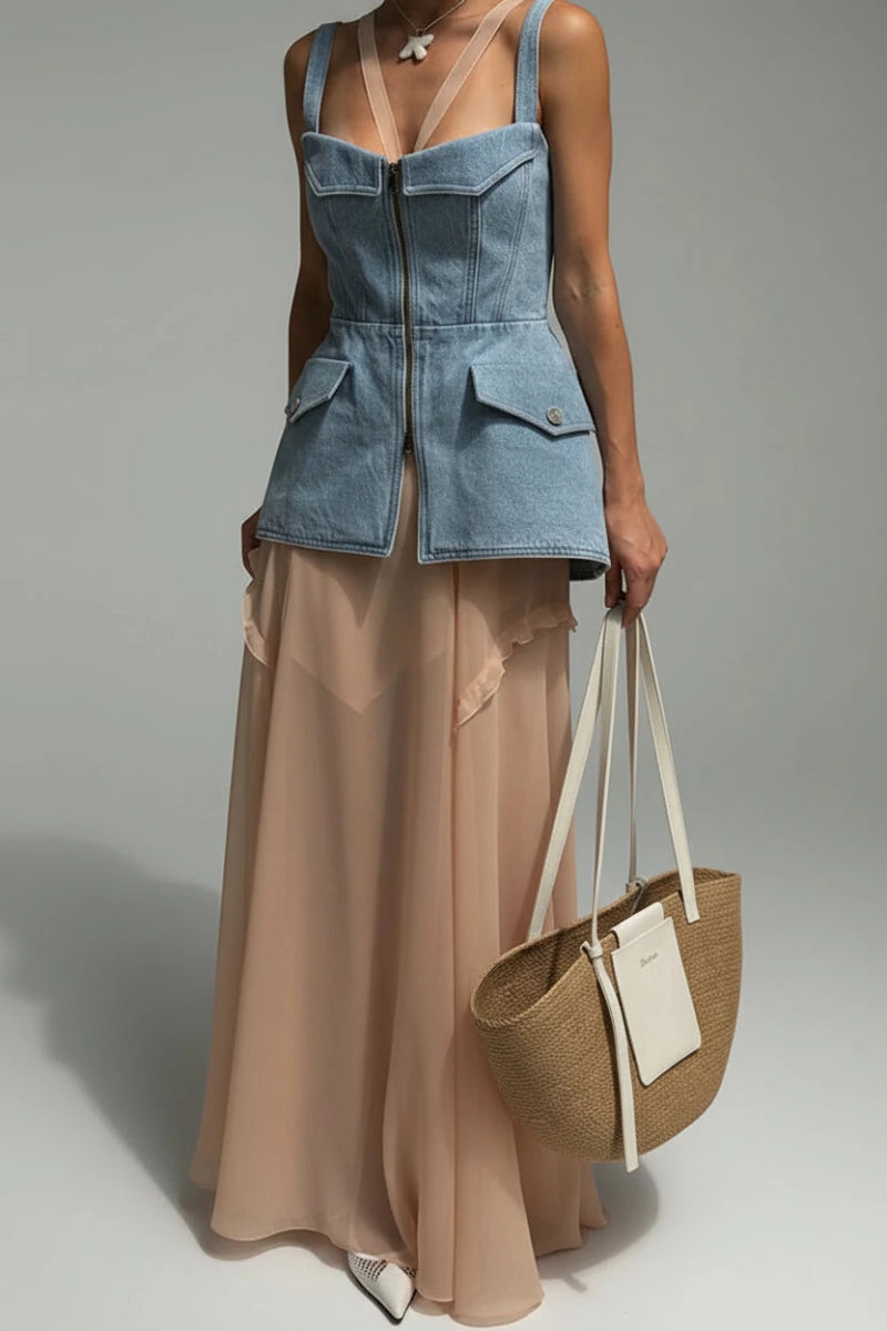 Geneva Zip front denim bustier in light wash denim vest. - GoSobiShop Boutique