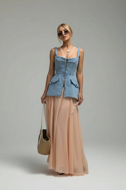 Geneva Zip front denim bustier in light wash denim vest. - GoSobiShop Boutique