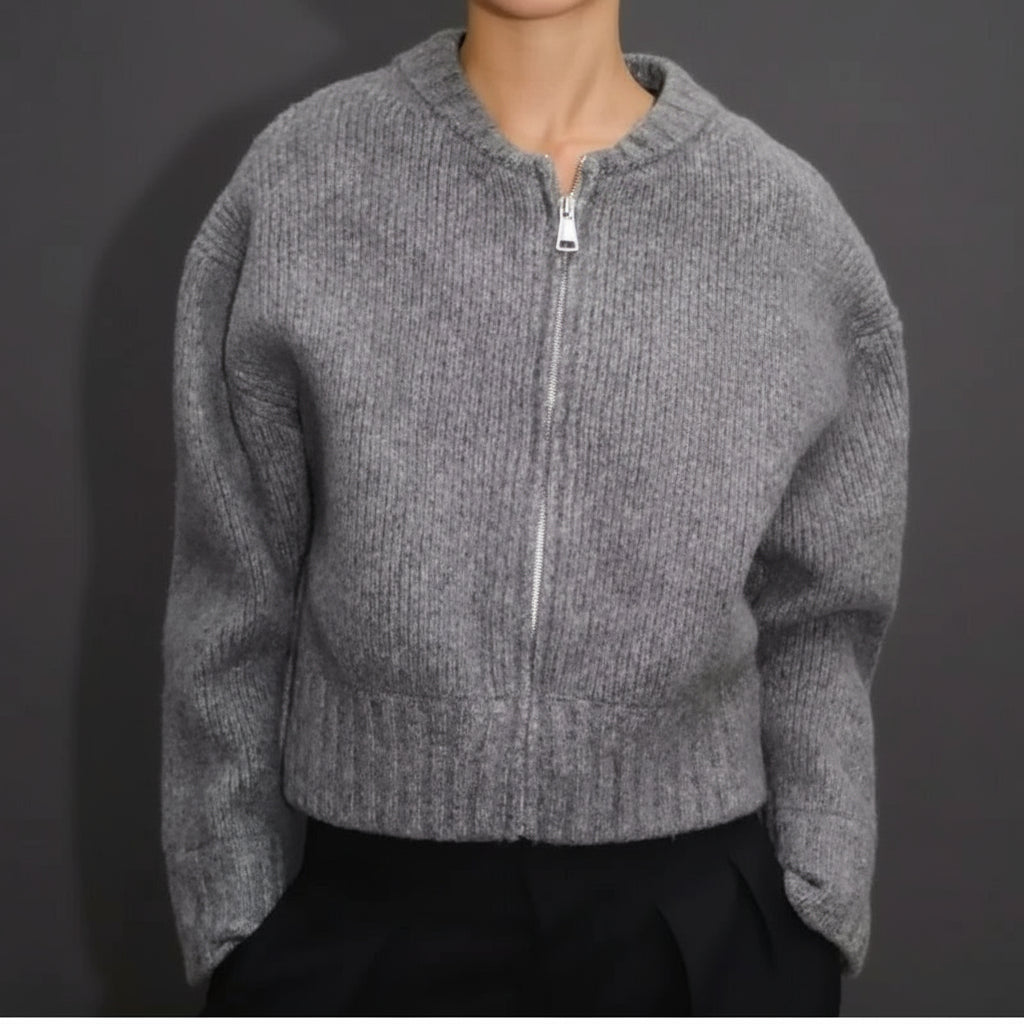 Gray Knitted Zipper Cardigan Sweater Fall Tops. - GoSobiShop Boutique