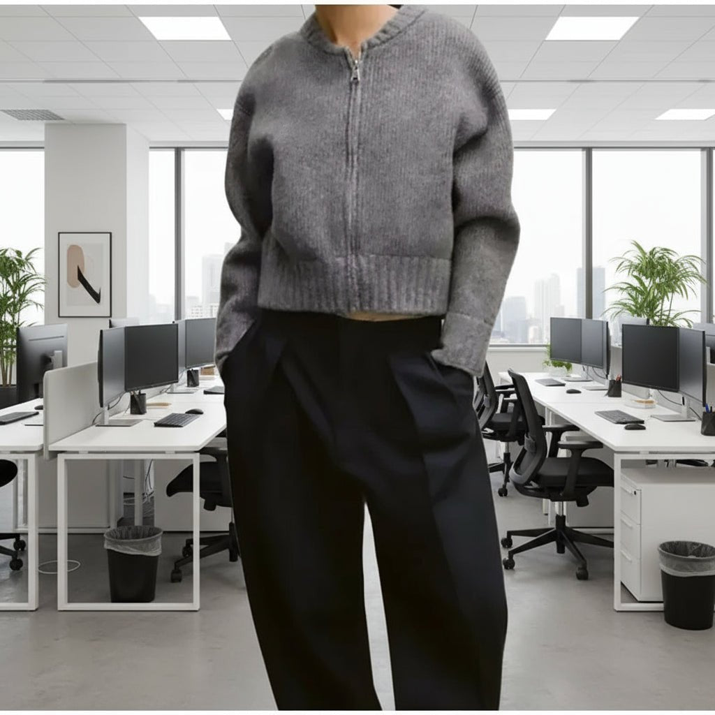 Gray Knitted Zipper Cardigan Sweater Fall Tops. - GoSobiShop Boutique