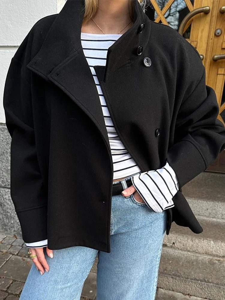 High collar solid Loose Wool Blend cropped trench coat. - GoSobiShop Boutique