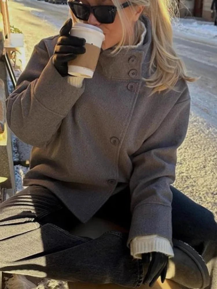 High collar solid Loose Wool Blend cropped trench coat. - GoSobiShop Boutique