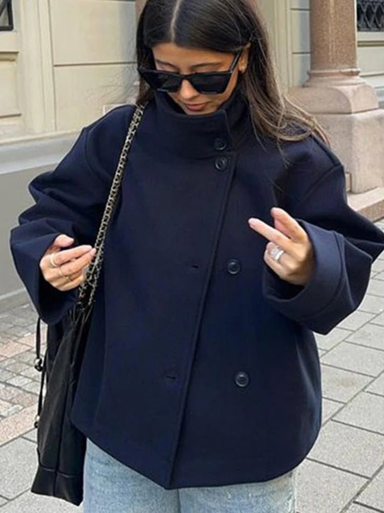 High collar solid Loose Wool Blend cropped trench coat. - GoSobiShop Boutique