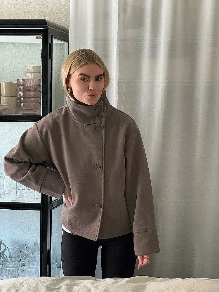 High collar solid Loose Wool Blend cropped trench coat. - GoSobiShop Boutique