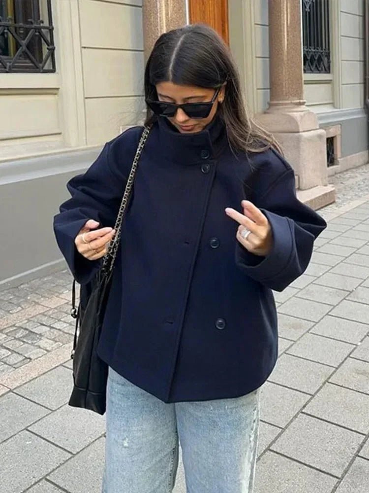 High collar solid Loose Wool Blend cropped trench coat. - GoSobiShop Boutique