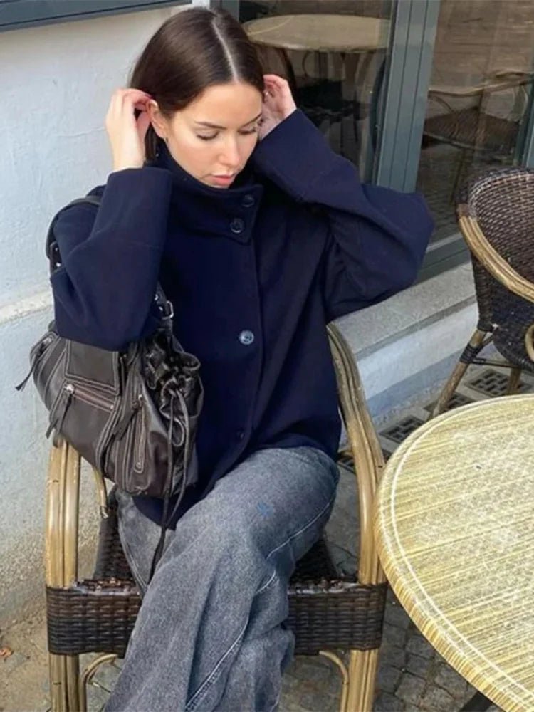 High collar solid Loose Wool Blend cropped trench coat. - GoSobiShop Boutique