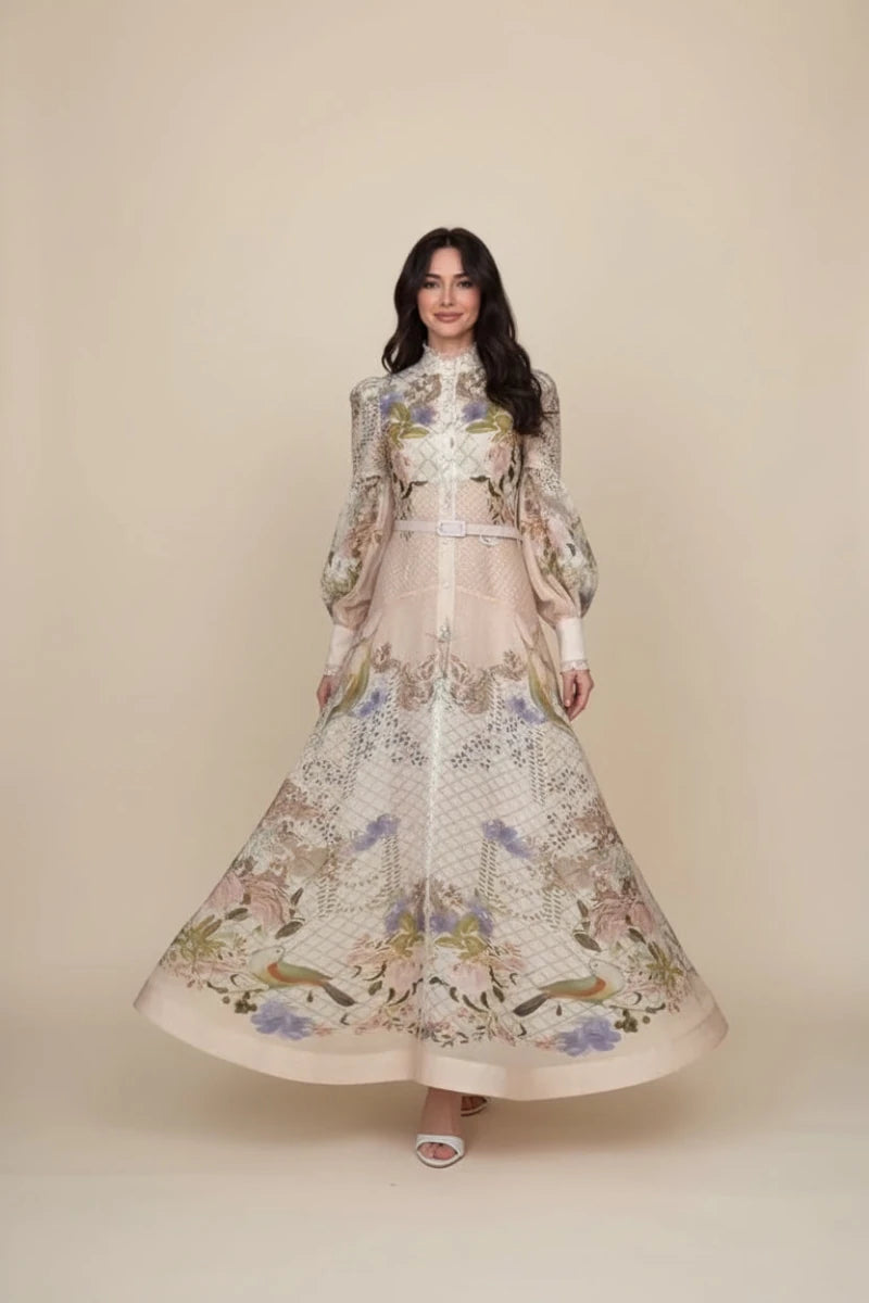 High-Neck Floral Midi Dress – Belted Waist & Bell Sleeve Occasion Dress - GoSobiShop Boutique