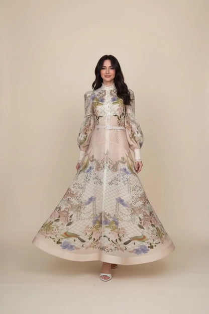 High-Neck Floral Midi Dress – Belted Waist & Bell Sleeve Occasion Dress - GoSobiShop Boutique