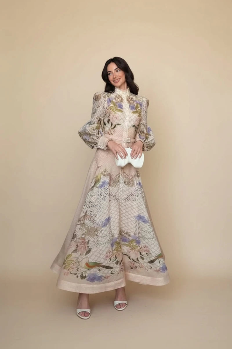 High-Neck Floral Midi Dress – Belted Waist & Bell Sleeve Occasion Dress - GoSobiShop Boutique
