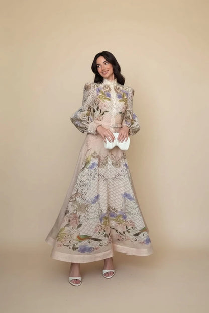 High-Neck Floral Midi Dress – Belted Waist & Bell Sleeve Occasion Dress - GoSobiShop Boutique