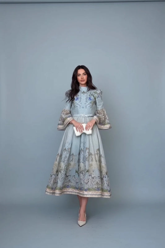 High-Neck Floral Midi Dress – Belted Waist & Bell Sleeve Occasion Dress - GoSobiShop Boutique