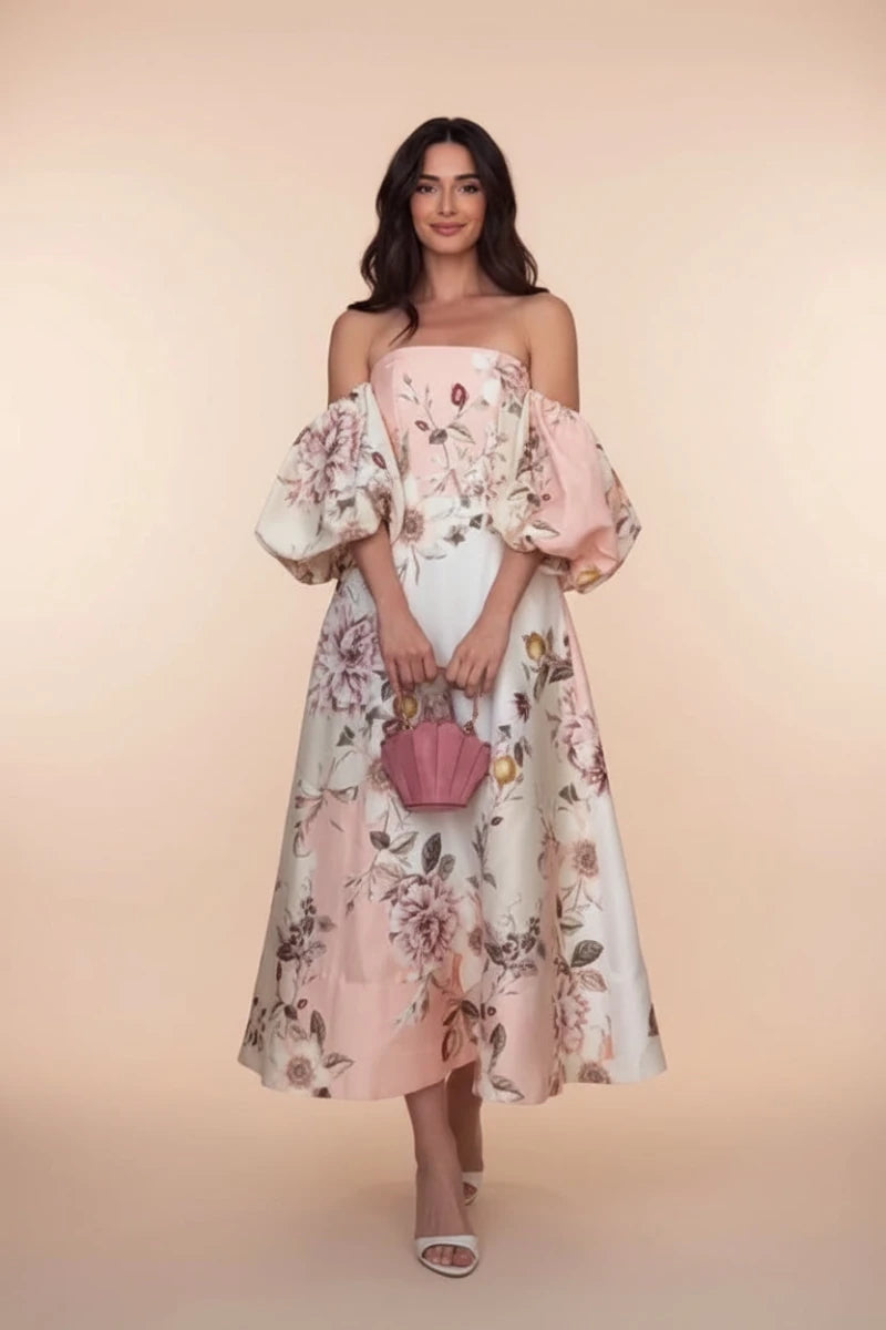High-Neck Floral Midi Dress – Belted Waist & Bell Sleeve Occasion Dress - GoSobiShop Boutique