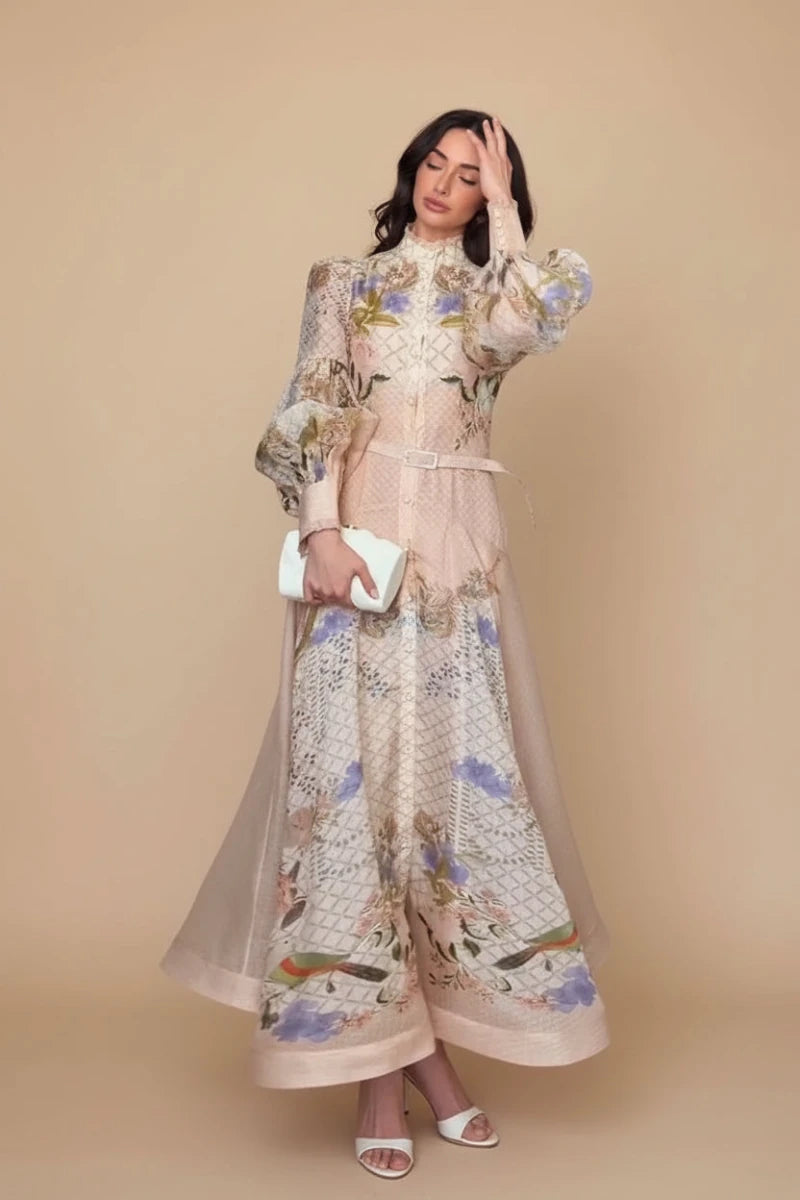 High-Neck Floral Midi Dress – Belted Waist & Bell Sleeve Occasion Dress - GoSobiShop Boutique