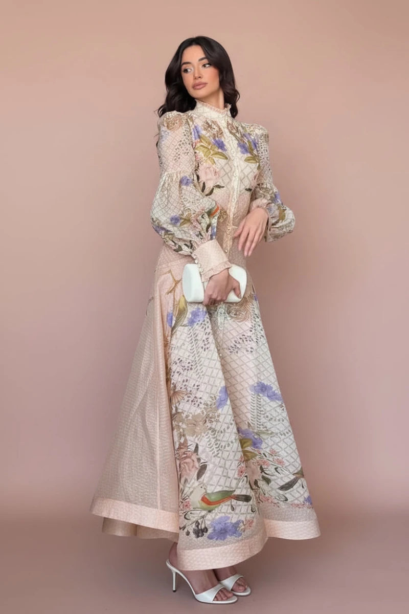 High-Neck Floral Midi Dress – Belted Waist & Bell Sleeve Occasion Dress - GoSobiShop Boutique