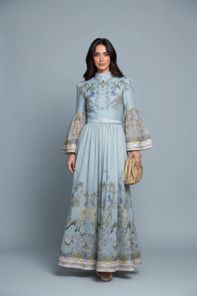 High-Neck Floral Midi Dress – Belted Waist & Bell Sleeve Occasion Dress - GoSobiShop Boutique