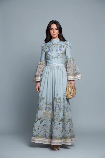 High-Neck Floral Midi Dress – Belted Waist & Bell Sleeve Occasion Dress - GoSobiShop Boutique