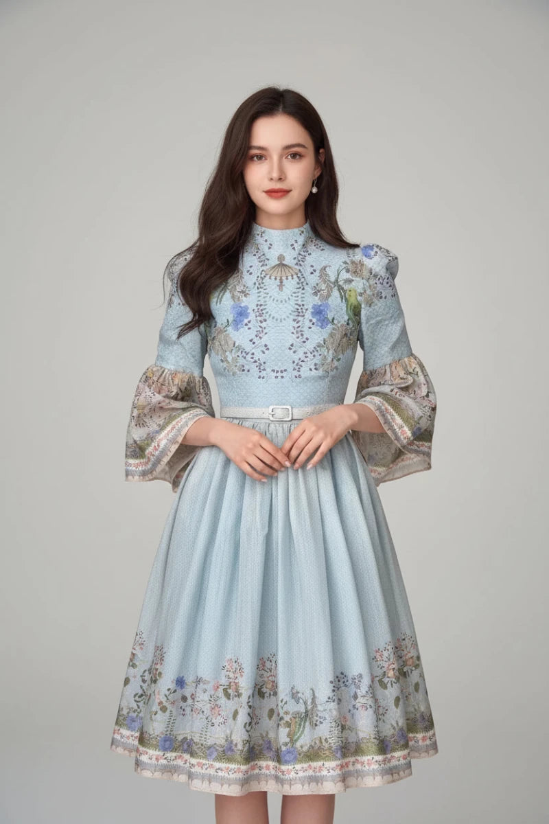 High-Neck Floral Midi Dress – Belted Waist & Bell Sleeve Occasion Dress - GoSobiShop Boutique