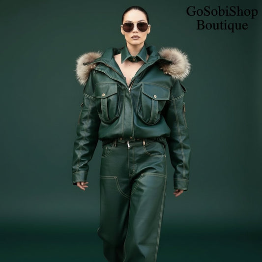 JEY ZEE leather oversized fur puffer jacket and matching oversized leather pants. - GoSobiShop Boutique