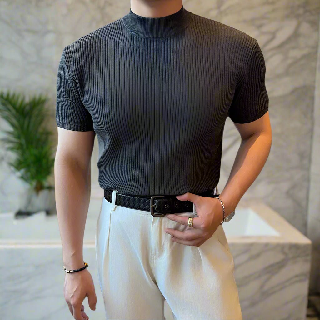 Knit ribbed muscle fit mock neck classy t-shirt - GoSobiShop Boutique