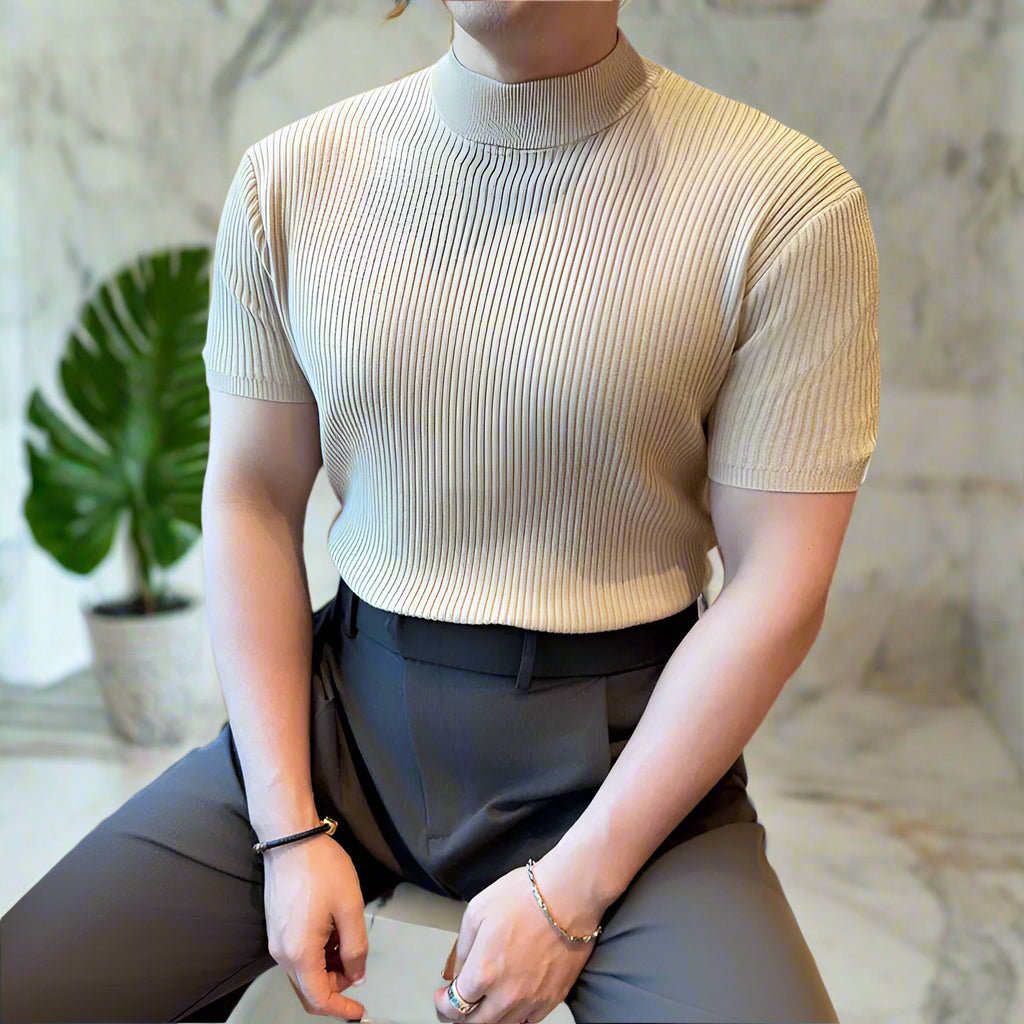 Knit ribbed muscle fit mock neck classy t-shirt - GoSobiShop Boutique