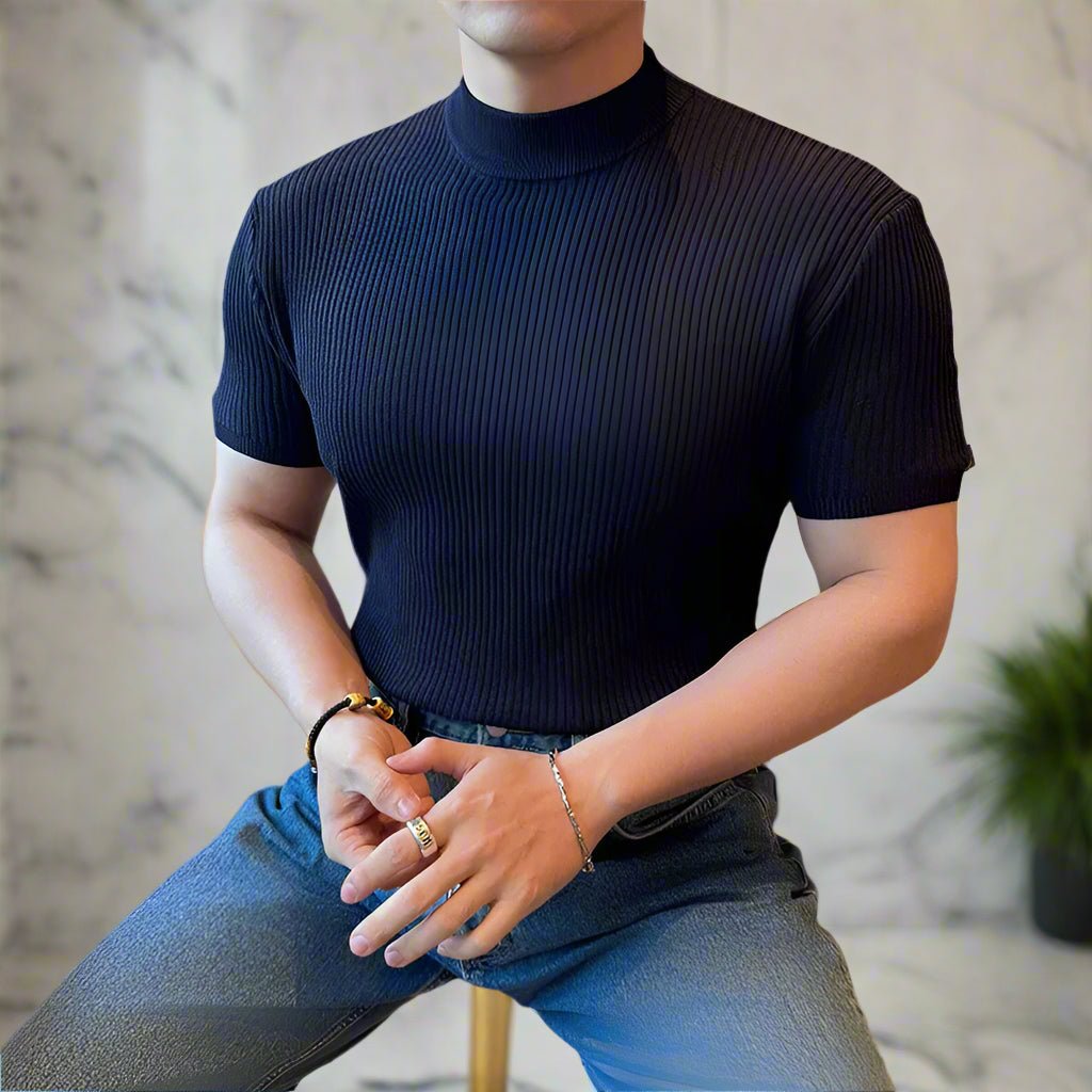 Knit ribbed muscle fit mock neck classy t-shirt - GoSobiShop Boutique