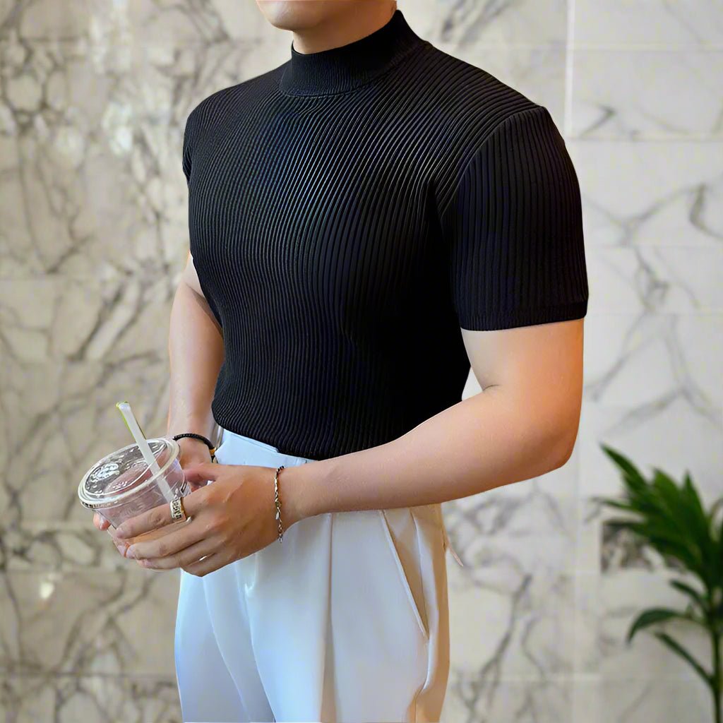 Knit ribbed muscle fit mock neck classy t-shirt - GoSobiShop Boutique