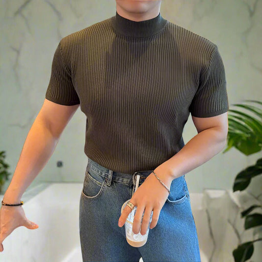 Knit ribbed muscle fit mock neck classy t-shirt - GoSobiShop Boutique