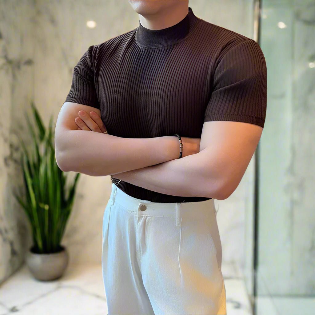 Knit ribbed muscle fit mock neck classy t-shirt - GoSobiShop Boutique