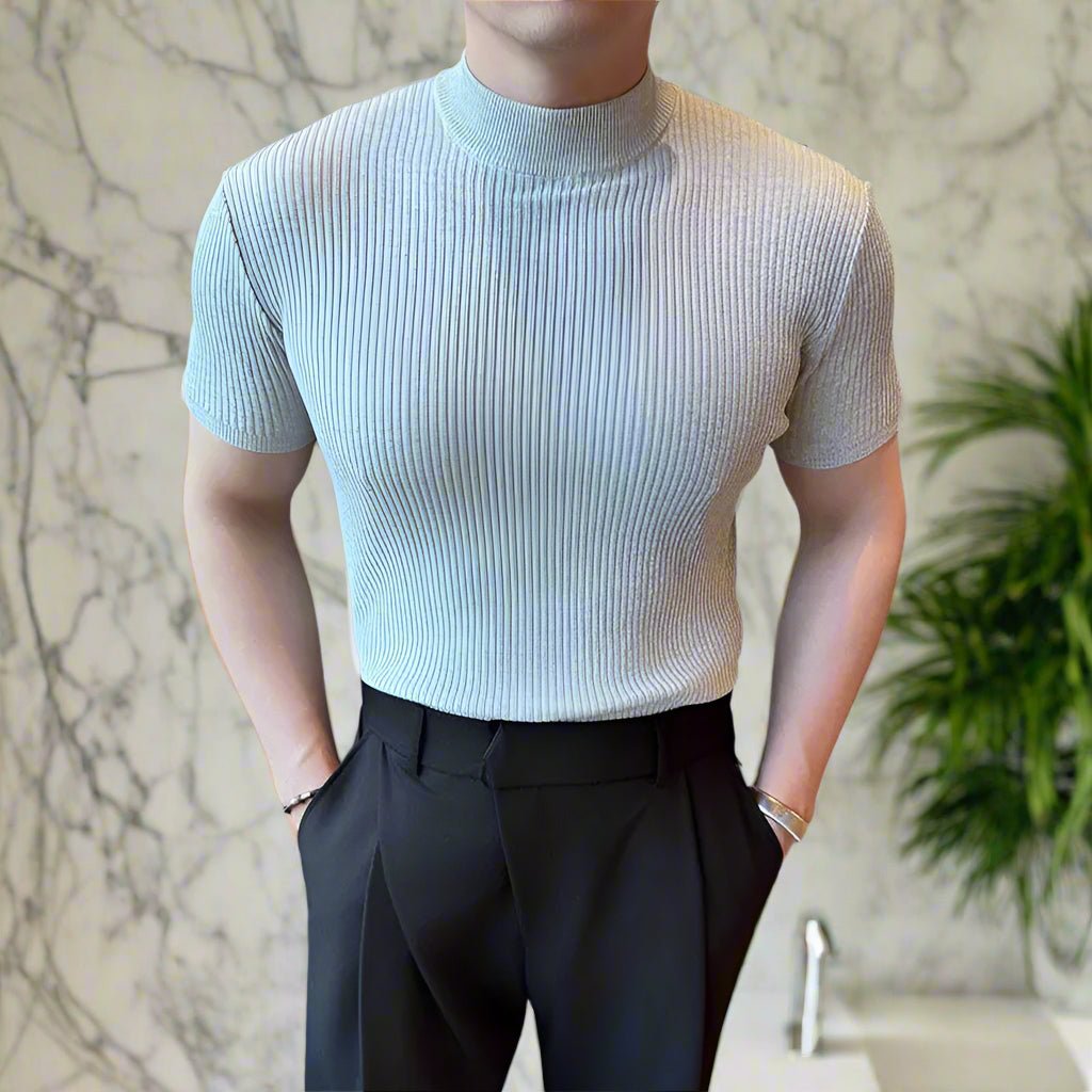 Knit ribbed muscle fit mock neck classy t-shirt - GoSobiShop Boutique