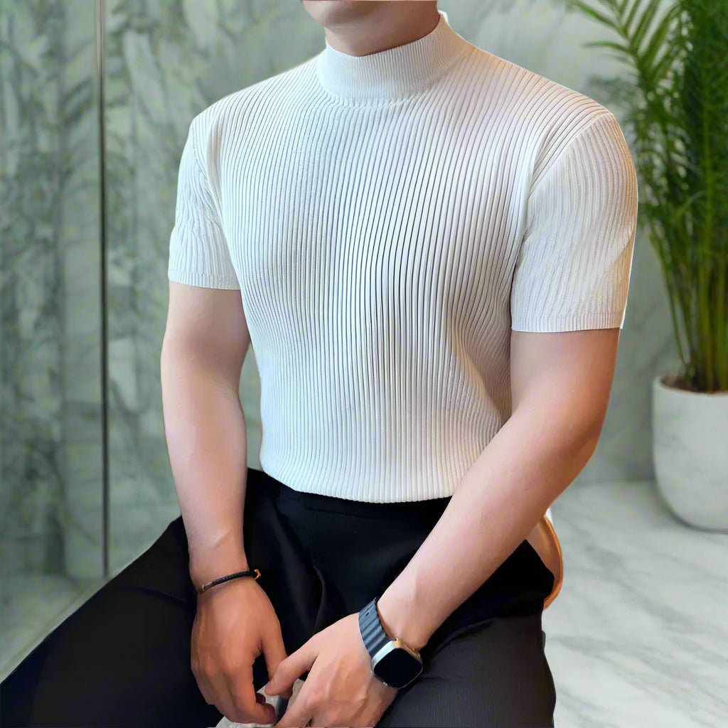 Knit ribbed muscle fit mock neck classy t-shirt - GoSobiShop Boutique