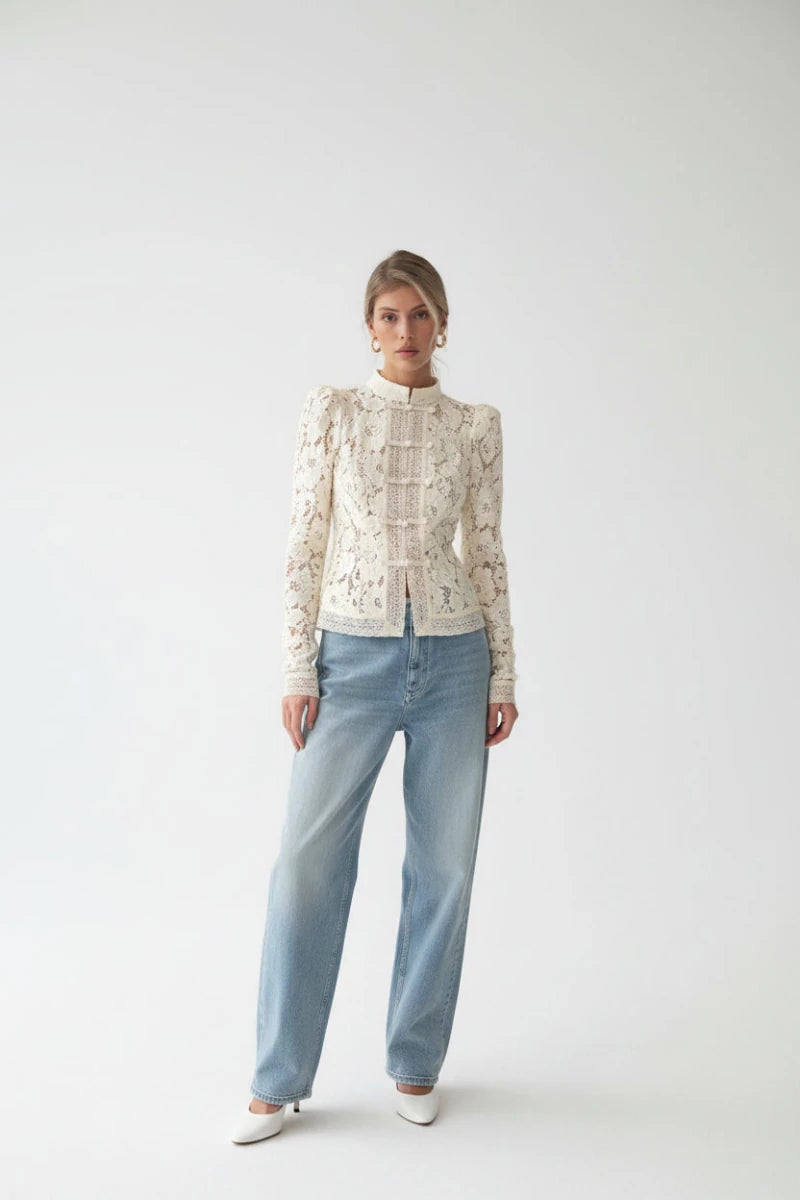 Lace blouse with intricate floral embroidery and frog button closures. - GoSobiShop Boutique