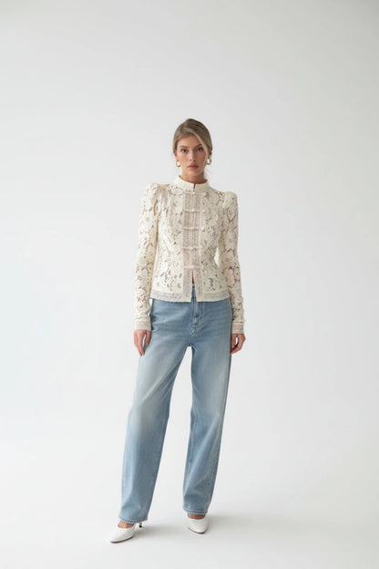 Lace blouse with intricate floral embroidery and frog button closures. - GoSobiShop Boutique