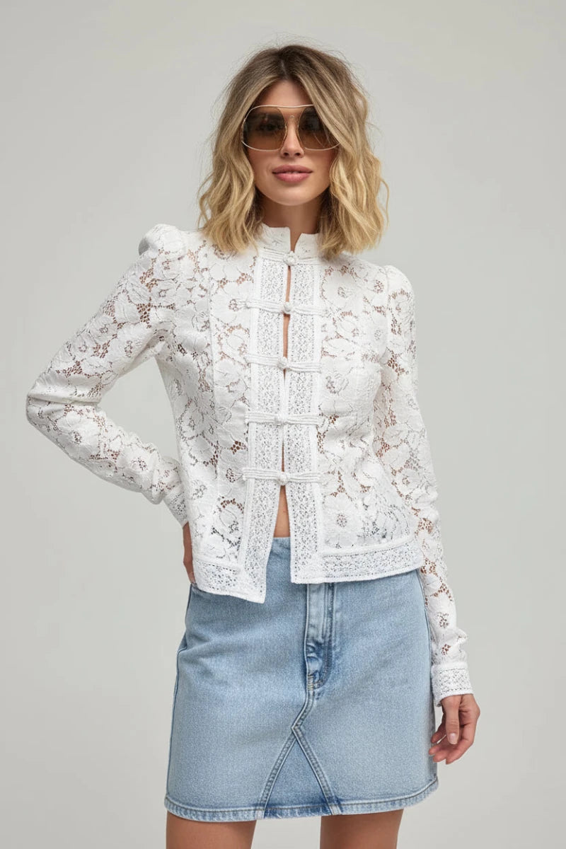 Lace blouse with intricate floral embroidery and frog button closures. - GoSobiShop Boutique