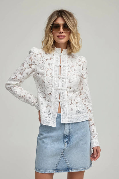 Lace blouse with intricate floral embroidery and frog button closures. - GoSobiShop Boutique