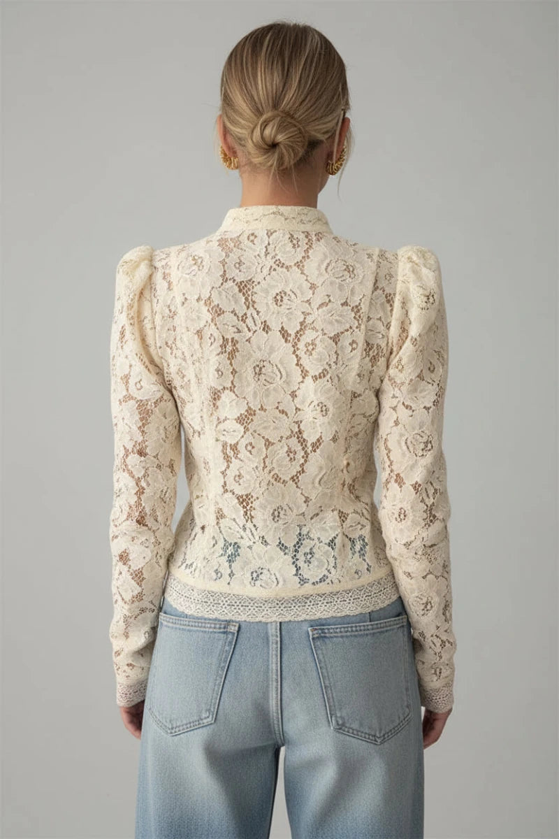 Lace blouse with intricate floral embroidery and frog button closures. - GoSobiShop Boutique