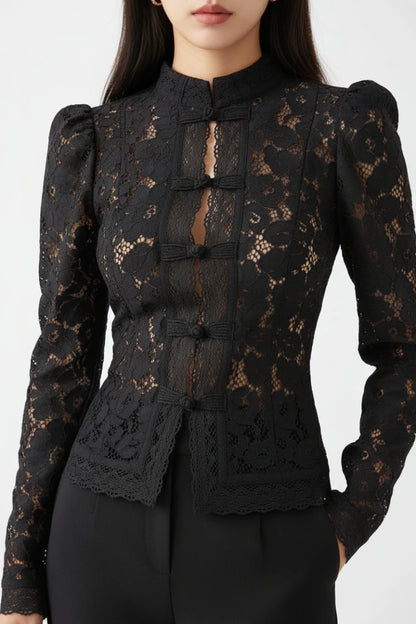 Lace blouse with intricate floral embroidery and frog button closures. - GoSobiShop Boutique