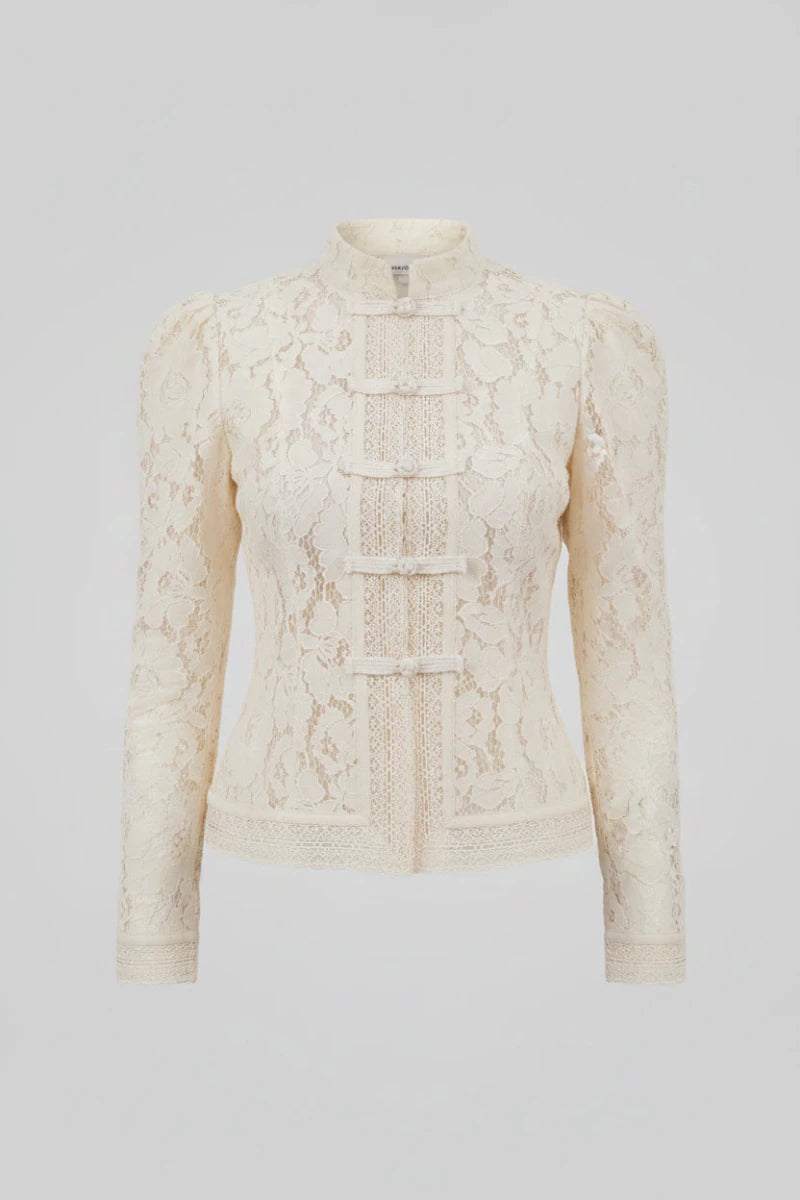 Lace blouse with intricate floral embroidery and frog button closures. - GoSobiShop Boutique