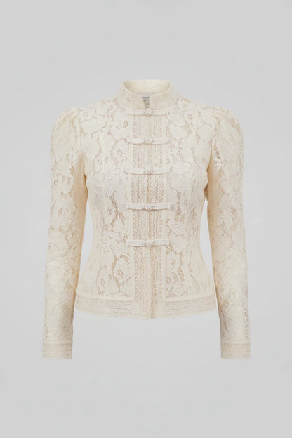 Lace blouse with intricate floral embroidery and frog button closures. - GoSobiShop Boutique