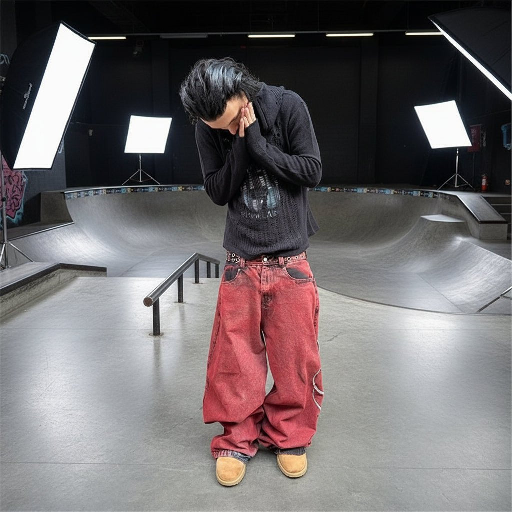Loose red wine vintage gradient baggy jeans. - GoSobiShop Boutique