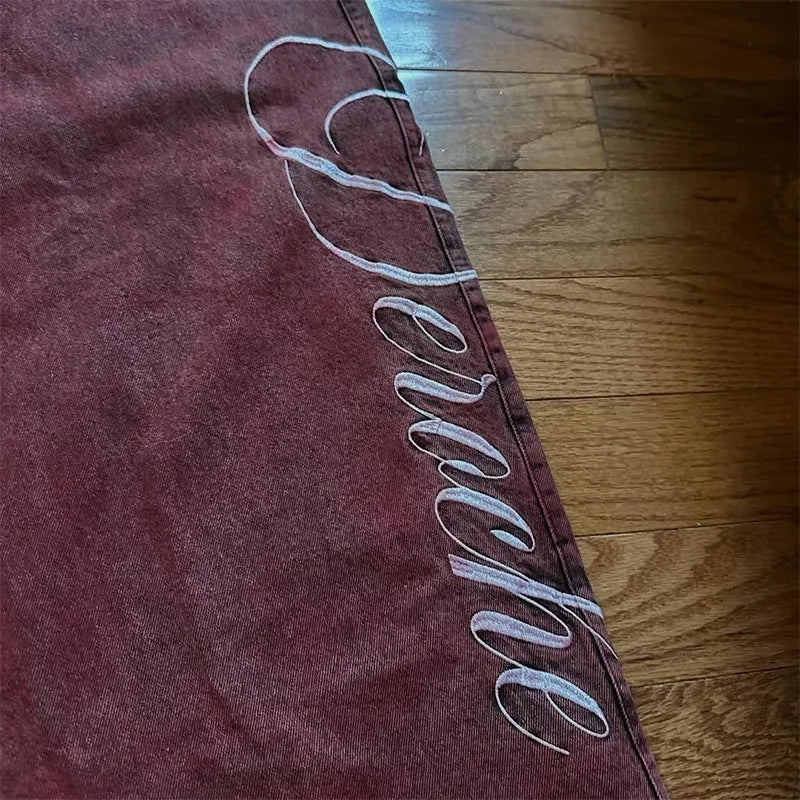Loose red wine vintage gradient baggy jeans. - GoSobiShop Boutique