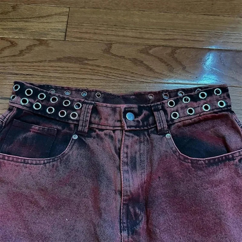 Loose red wine vintage gradient baggy jeans. - GoSobiShop Boutique
